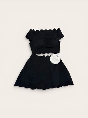 Scalloped Edge Black Two-Piece Skirt Set